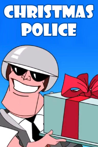 A police officer in a uniform and helmet excitedly offers a present to a person whose house he’s visiting. 