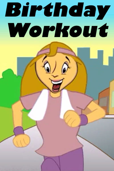 The preview image for this humorous birthday greeting shows a cartoon woman jogging on a sidewalk. She is wearing workout clothes, sweatbands around her wrists and forehead, and a towel around her neck. The title of this silly birthday card Birthday Workout is written above her.