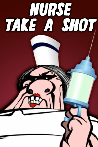 This April Fo0ols ecard shows a Nurse in white uniform who is heavy set and her face has a maniacal grin. She holds a very large hypodermic syringe up next to her face. The background is maroon. The title reads, "Nurse Take a Shot".