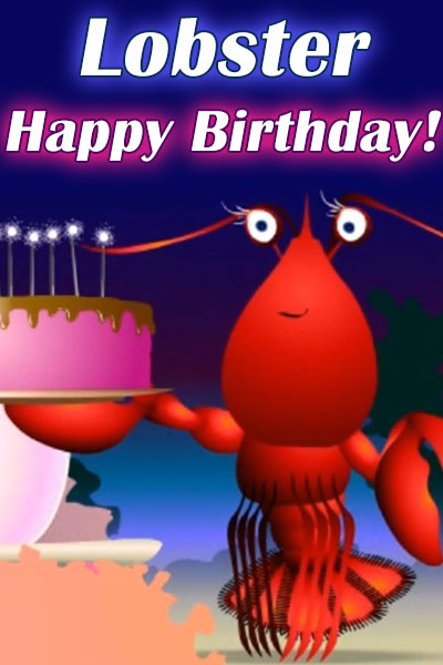 A lobster holds up a cake with sparkling birthday candles.