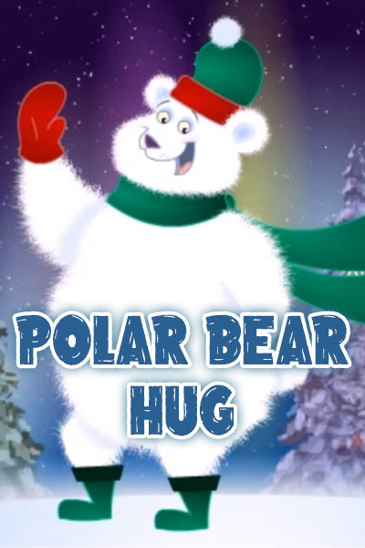 A fluffy white polar bear, wearing a scarf, knit hat, mittens, and boots, waves cheerfully at the viewer. The ecard title Polar Bear Hug is written in front of him.