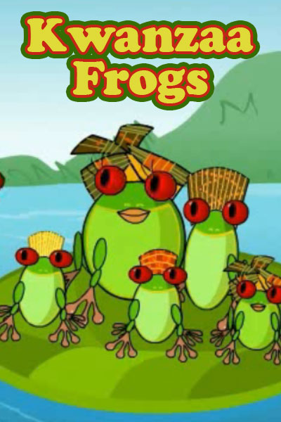 A family of frogs sitting on a lily pad. The 2 adults and 3 children are wearing beautifully patterned kofia caps and head wraps. The ecard title Kwanzaa Frogs is written above them.