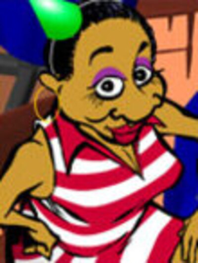 A 30-something black woman, woman in a striped dress, and party hat.