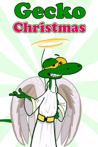 A gecko dressed as an angel, with white robes and a halo.