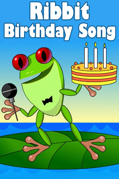 A cheerful green frog stands on a lily pad in a pond. The frog is singing into a microphone, and holding a birthday cake.