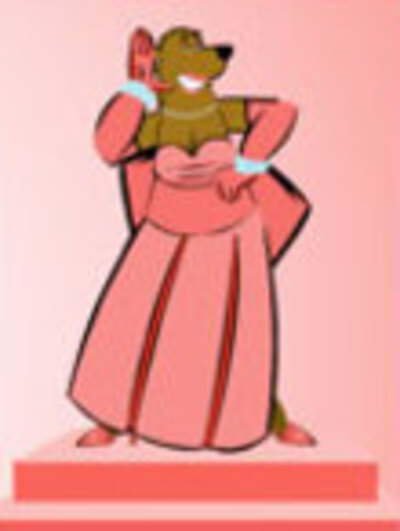 A lady bear in a pink princess dress, and sparking diamond jewelry.