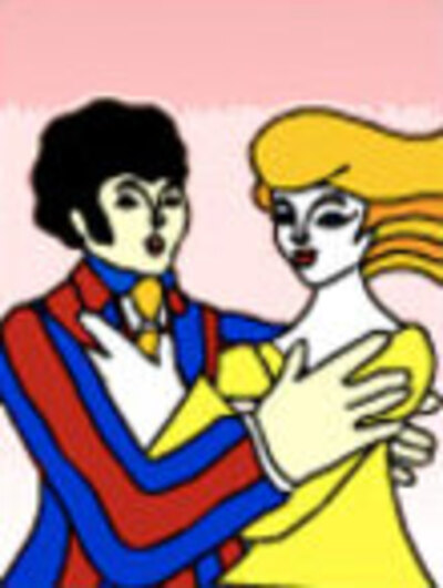 A man and a woman embracing. They're illustrated in a colorful style popular in the 1960's.