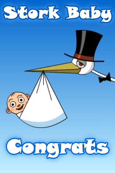 A stork, wearing a top hat, and bow tie, carries a bundle in his beak that contains a happy, smiling baby.