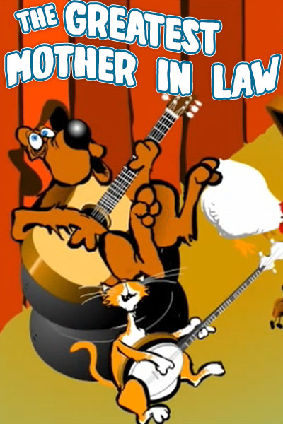 A hound dog plays a guitar with a cat who is playing a banjo.