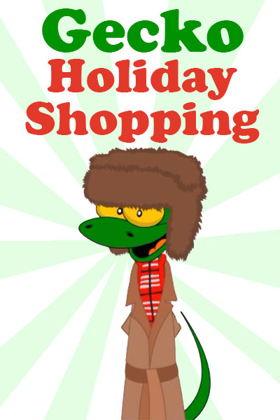 A gecko dressed in a warm overcoat, scarf, and big fur hat has just returned from a fruitful shopping trip. Gecko Holiday Shopping is written above it.