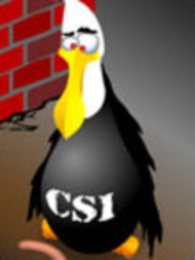 A seagull stands and looks down at what appears to be a dead worm. He is wearing a shirt that says CSI on the front.