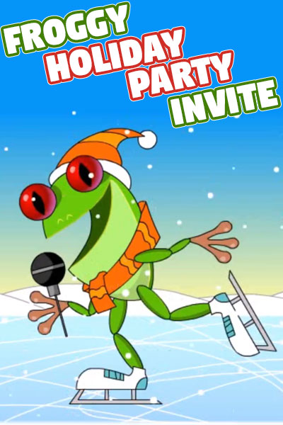 A happy frog skates on a frozen pond, and singing into a microphone.