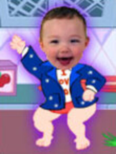 A baby in a polka-dotted jacket dances and laughs.