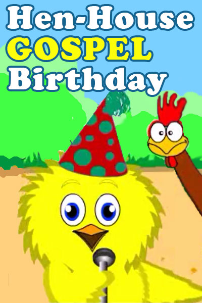 A pet birthday card featuring a fluffy yellow chick in a party hat sings a birthday song into a microphone. A chicken is poking her head into the frame behind the chick.