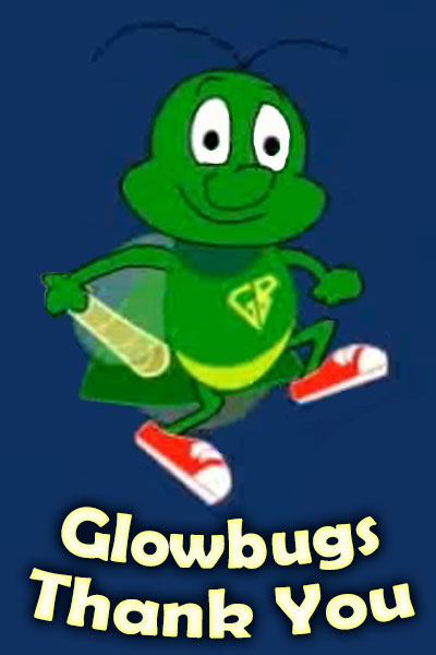 A superhero glowbug, dressed in a cape, unitard, and sneakers.