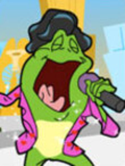 A frog dressed in the style of James Brown, singing into a microphone. He is wearing a Valentine-themed jacket, which is pink with red hearts all over it.