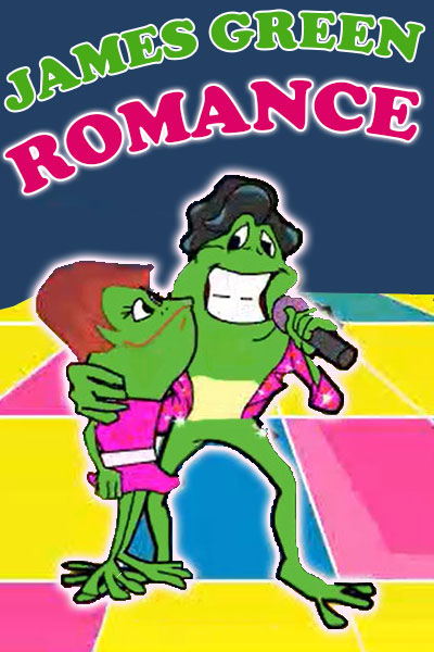 A frog that is dressed as James Brown, has his arm around the shoulders of a woman from. She is looking up at him adoringly.