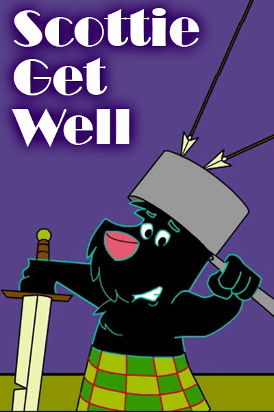 A Scottie dog in a kilt brandishes a sword, and uses a cooking pot to block arrows from hitting him.