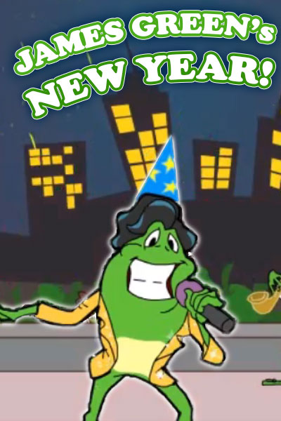 A cartoon frog in the style of a popular funk superstar wears a party hat, and sings into a microphone. The ecard title James Green’s New Year is written above him.