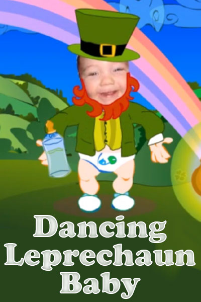 A baby in a leprechaun outfit with a rainbow in the background.