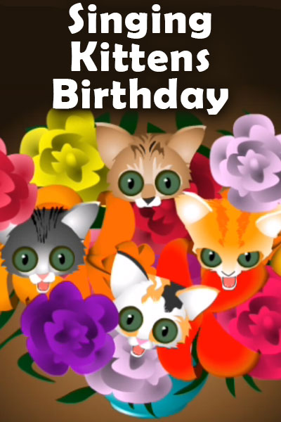 Four wide-eyed kittens peek out from among a large bouquet of colorful flowers.