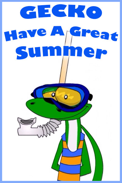 A gecko smiles happily at the viewer. He is wearing an old fashioned tank top-style bathing suit, and a snorkel.