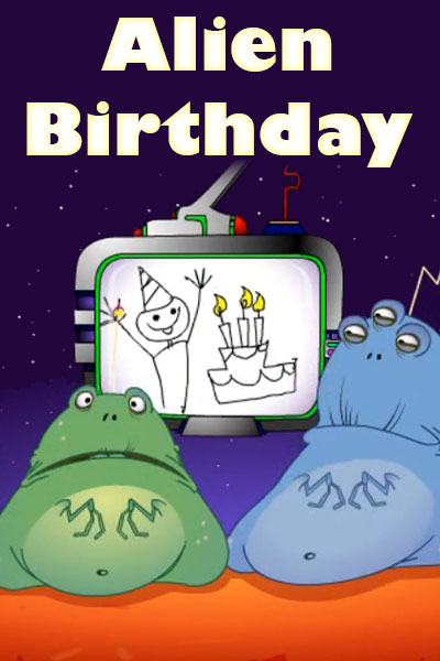 In this animated ecard for kids, two aliens look at each other in confusion over human birthday rituals.
