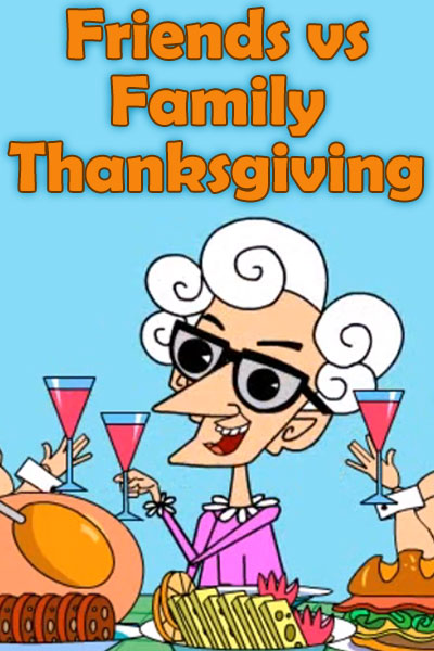An elderly woman sits at a table covered with plates of food. She is holding her martini glass in the air, and several other hands holding similar glasses come from out of frame to clink their glasses together.