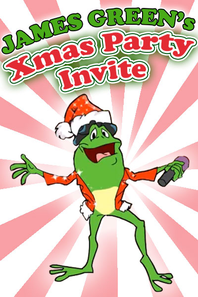 A frog who resembles a well known funk superstar is dressed as Santa, and singing into a microphone. 