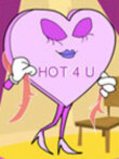 A purple Valentine's candy heart wearing a feather boa, and high-heeled shoes.