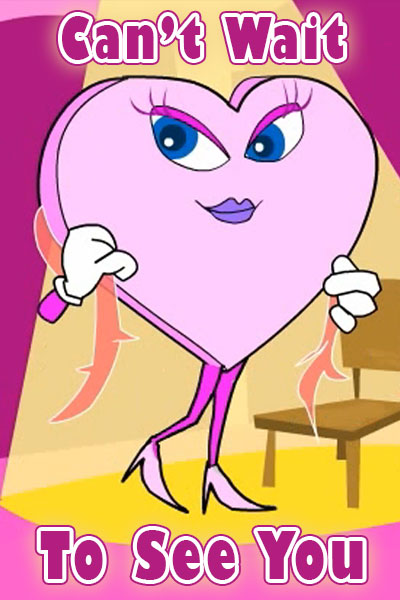 A purple Valentine's candy heart wearing a feather boa, and high-heeled shoes.