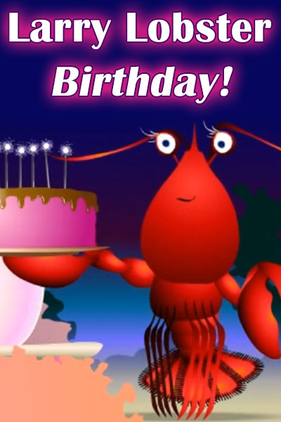 A cartoon lobster holding a birthday cake.