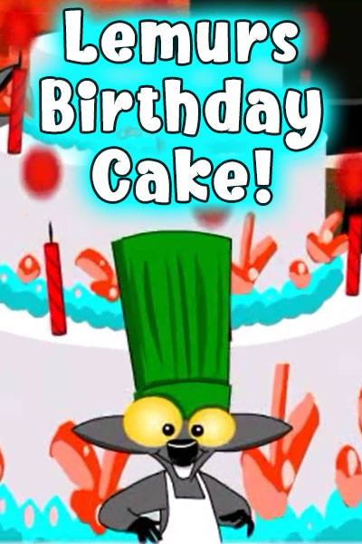 The thumbnail for this cartoon birthday card shows a Lemur in a chef’s hat stands in front of a huge birthday cake. Lemurs Birthday Cake is written above the little critter.