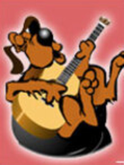 A hound dog plays the guitar and sings.