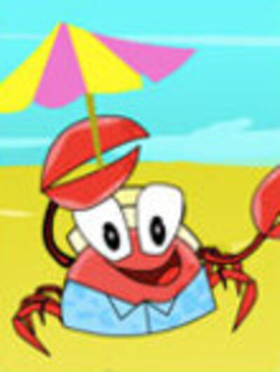 A crab holding an umbrella dances on the beach.