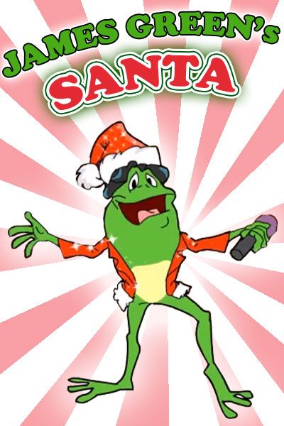 A frog with black hair wearing a Santa coat and hat. He’s holding a microphone, and singing while he puts presents under a Christmas tree.