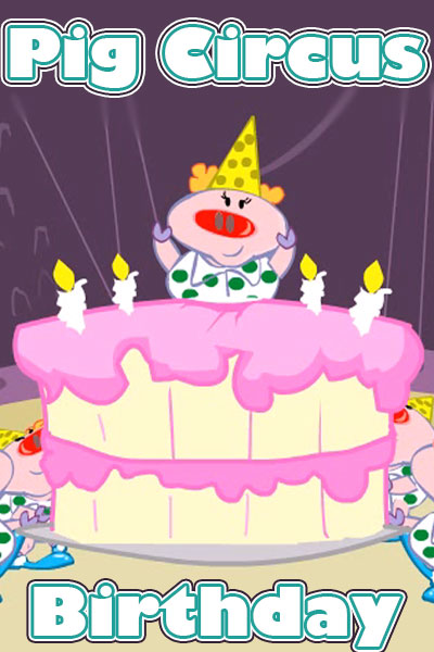 A pig wearing a polka dotted shirt, clown wig, and party hat bursts out of the top of a huge birthday cake.