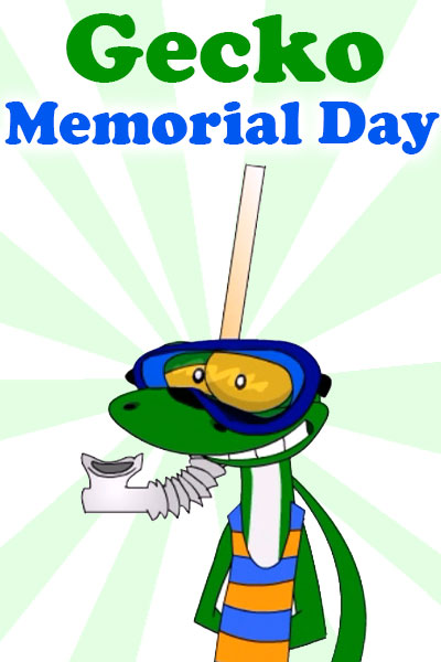 A gecko wearing an old fashioned bathing suit, and a diving mask with a snorkel.