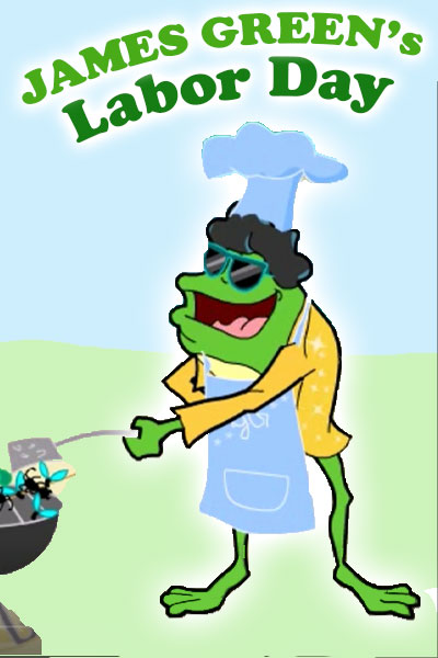 A froggy version of funk singer James Brown with a black pompadour, and glittery yellow blazer. He's also wearing an apron and sunglasses, and cooking flies on a grill.