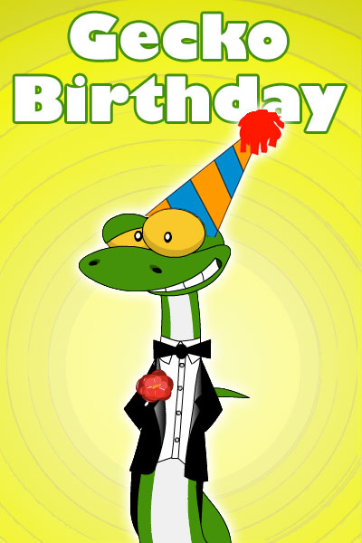 A cartoon gecko wearing a tuxedo jacket, shirt, and bow tie, and a striped party hat. He looks happy, and his hands are behind his back because he has something important to say.