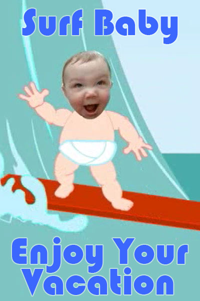 A photo of a baby's face on a cartoon body. The baby is surfing. 