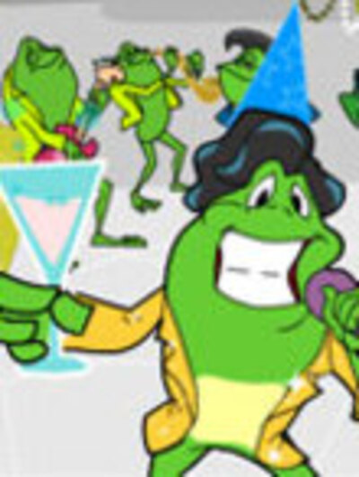 A frog dressed in the style of James Brown holds a microphone, and toasts the viewer with a martini glass.