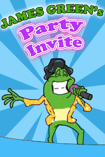 A frog dressed in the style of James Brown holds a microphone, and toasts the viewer with a martini glass.