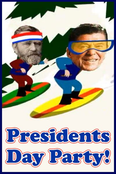 Ulysses S Grant and Ronald Reagan with snow goggles, and riding on snowboards.