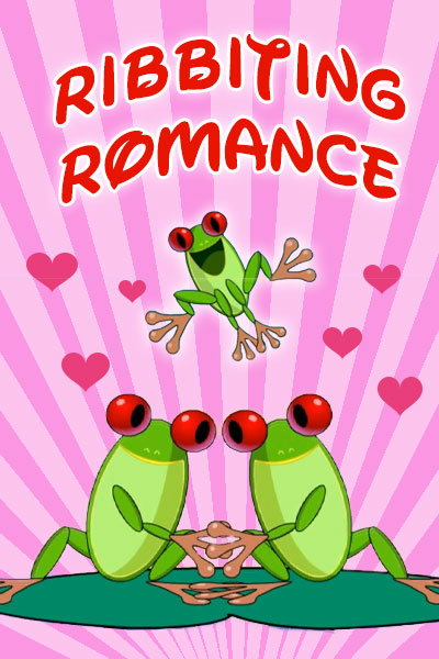 Three singing frogs. A fourth frog is leaping over them joyously. The background is full of hearts.