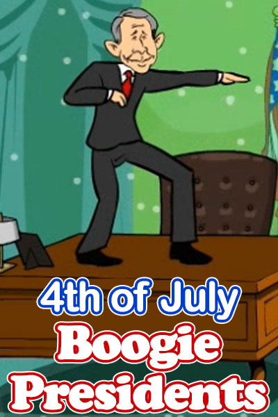 A humorous illustration of George W. Bush. He is dancing, leaning back and waving his arms in front of him.