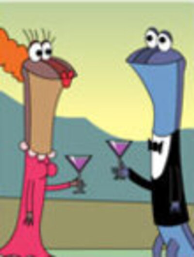 A male and female lizard mingle at a party, smiling at each other, and holding martini glasses.