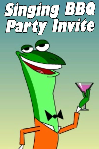 A male and female lizard mingle at a party, smiling at each other, and holding martini glasses.