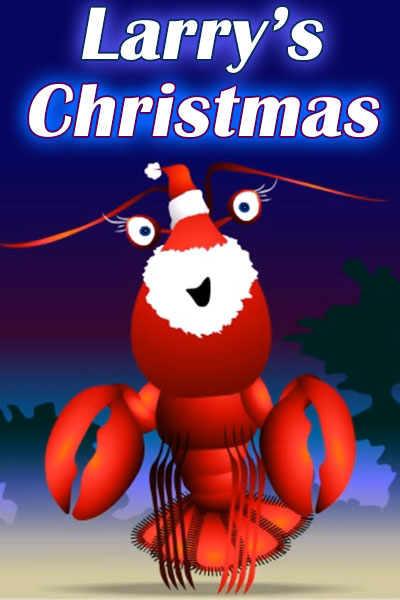 A cartoon lobster wearing a white beard, and Santa hat. 