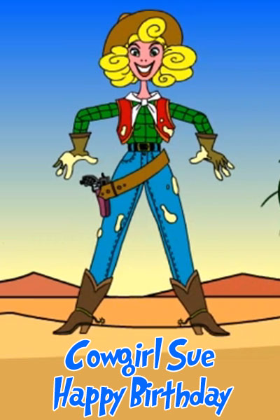 A cartoon woman, with a cowboy hat, a flannel shirt, gloves, and a bandana around her neck. 